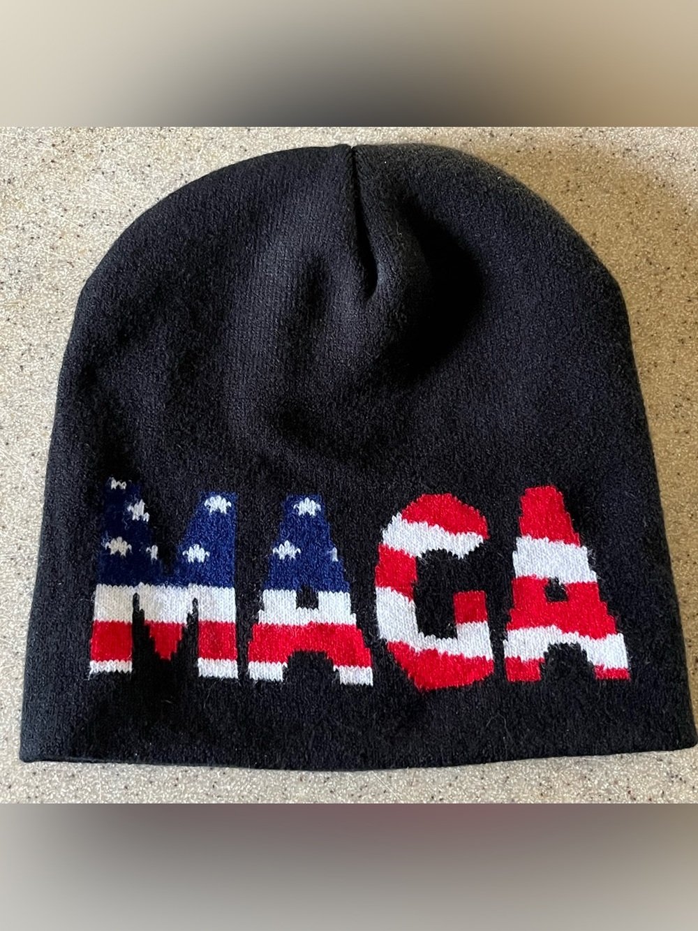 Women’s Men's Black Beanie with USA Flag Lettering MAGA